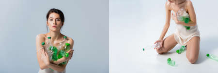 collage of brunette woman in silk dress holding and collecting plastic bottles on white and gray, ecology conceptの写真素材