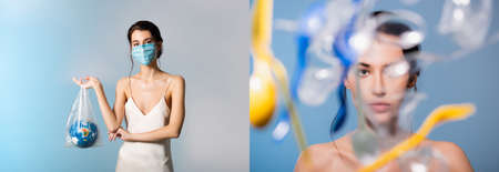 collage of model in medical mask holding plastic bag with globe and looking at camera near spoons on blue, ecology conceptの写真素材