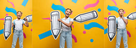 Collage of excited and worried schoolkid holding paper pencil on yellow background