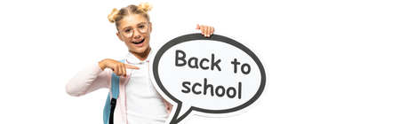 Website header of child pointing at speech bubble with back to school lettering isolated on white