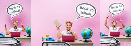 Collage of schoolgirl with book and magnifying glass pointing at paper art near gadgets and globe on pink backgroundの写真素材