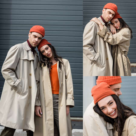 collage of stylish couple in beanie hats and trench coats posing outside
