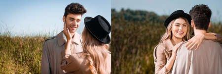 collage of blonde woman in hat touching face of man in trench coat and hugging outsideの写真素材
