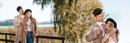 collage of man touching shoulders of woman in hat and trench coat in autumnal park