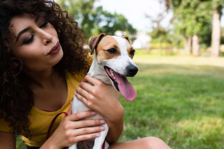 Selective focus of young woman looking at jack russell terrier dogの写真素材