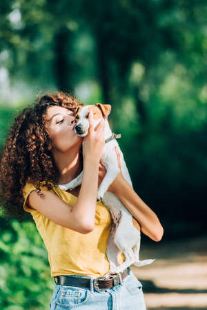 young woman in summer outfit kissing jack russell terrier dog in parkの写真素材