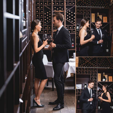 Collage of elegant couple holding glasses of wine near racks with bottles in restaurant