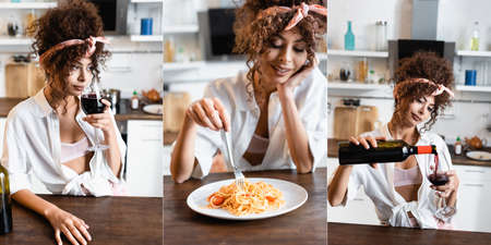 collage of woman holding fork near plate with prepared spaghetti and smelling red wineの写真素材