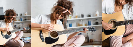 collage of young curly woman playing acoustic guitar at home