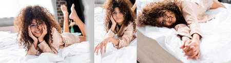 collage of pleased and curly woman looking at camera while lying on bed