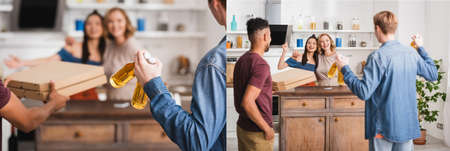 collage of multicultural friends holding pizza boxes and beer near women showing yeah gesture, website headerの写真素材