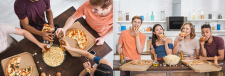 collage of multiethnic friends clinking bottles of beer and eating pizza during party, panoramic...