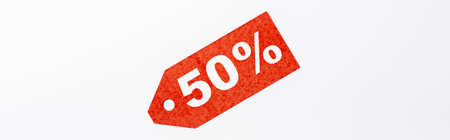 Panoramic crop of red price tag with 50 percent signs on white backgroundの写真素材