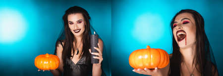 collage of pale woman with black makeup and veil holding burning candle while laughing on blueの写真素材