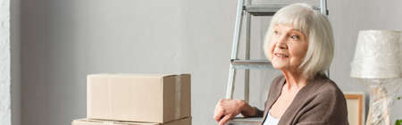 panoramic shot of smiling senior woman sitting on ladder with cardboard boxes on background, moving conceptの写真素材