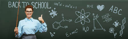 panoramic shot of chemistry teacher with pointing stick showing thumb up near chalkboard with back to school lettering and illustrationの写真素材