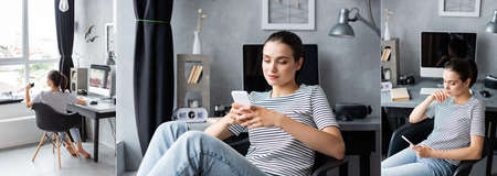 Collage of young freelancer using smartphone near computer on table at home