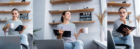 Collage of teleworker with cup holding notebook near laptop in living room