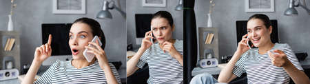 Collage of excited and pensive freelancer talking on smartphone at home