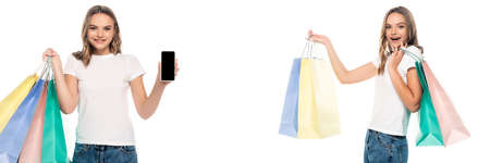 collage of pleased young woman holding shopping bags and smartphone with blank screen isolated on whiteの写真素材