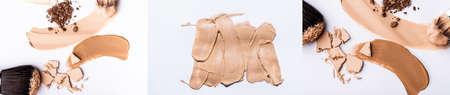 collage of beige face foundation brushstrokes, cosmetic brush and powder on white background,...