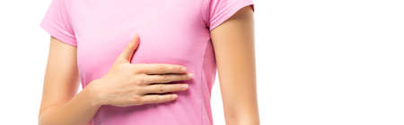 Website header of woman in pink t-shirt touching breast isolated on white, concept of breast cancerの写真素材
