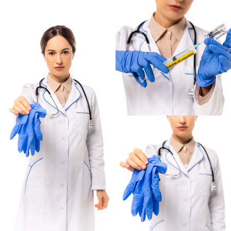 Collage of doctor showing latex gloves and holding vaccine with syringe isolated on whiteの写真素材