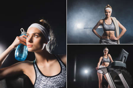Collage of sportswoman standing on treadmill, holding bottle of water and ropes in gymの写真素材