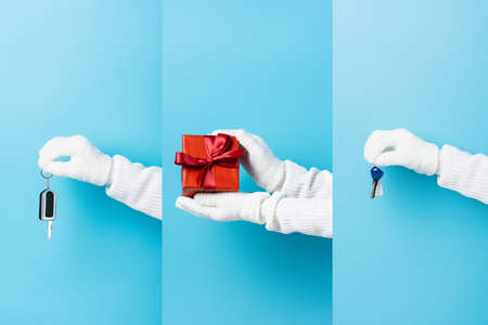 collage of woman in white gloves holding present and keys on blueの写真素材