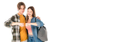 Website header of smiling teenagers doing fists bump isolated on white