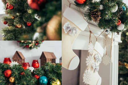 collage of colorful balls and pine cones on fir near christmas stockings and fireplaceの写真素材