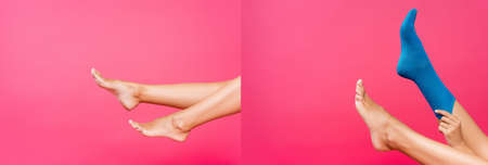 Collage of barefoot legs and with blue sock isolated on pink, bannerの写真素材
