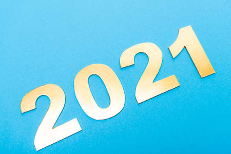 top view of 2021 numbers on blue background