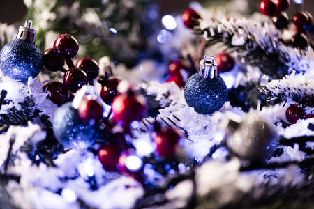 Close up view of christmas balls on blurred background, new year conceptの写真素材