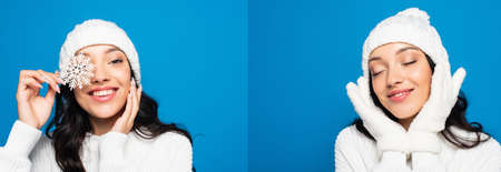 collage of happy woman in knitted hat holding decorative snowflake isolated on blue
