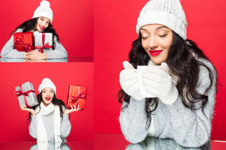 collage of joyful woman in hat and warm scarf holding cup and christmas presents isolated on redの写真素材