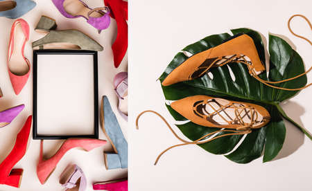 top view of shoes on beige background, collage
