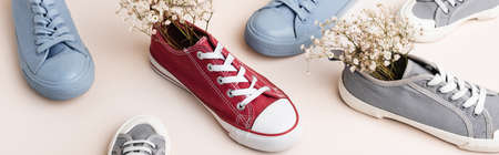 casual sneakers and wildflowers on white background, banner