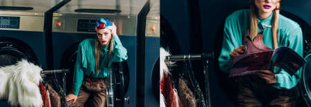 collage of young and stylish woman in turban holding magazine in laundromat