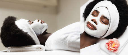 Collage of african american woman with white headband and face mask lying on massage table in spa...