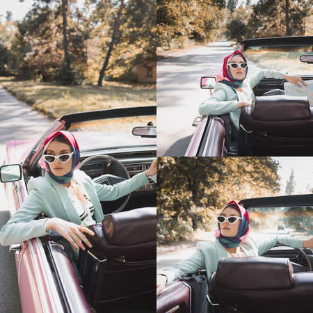 Collage of stylish woman with map sitting in car with road at background