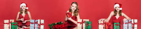 collage of woman in santa hat holding glass of champagne near presents and roses on redの写真素材