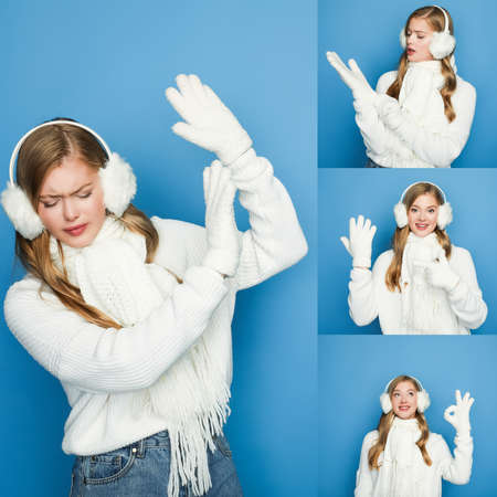 collage of blonde beautiful woman in winter white outfit on blue backgroundの写真素材