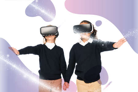 multicultural schoolgirls holding hands while using virtual reality headsets isolated on white, abstract illustrationの写真素材