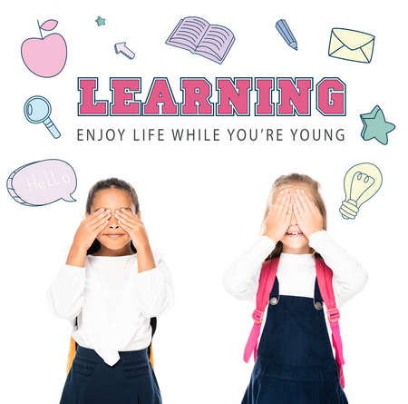 multicultural schoolgirls covering faces with hands isolated on white, learning illustration