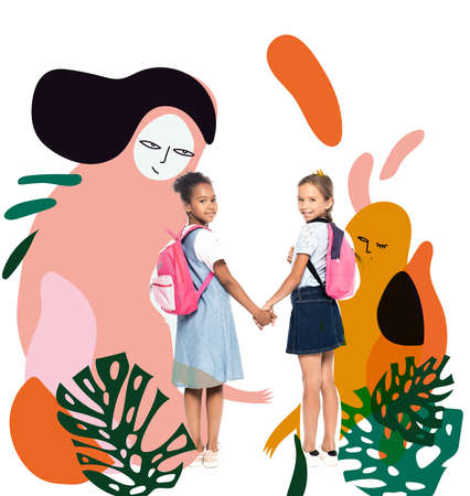 multicultural schoolgirls with backpacks holding hands and looking at camera near magic characters illustration on whiteの写真素材