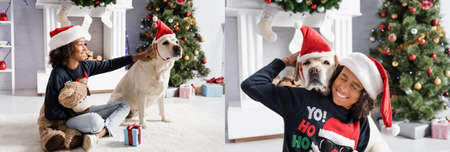 collage of excited african american girl hugging labrador dog while sitting on floor with teddy...
