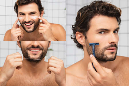 Collage of shirtless man applying face cream, holding dental floss and shaving with razor in bathroomの写真素材