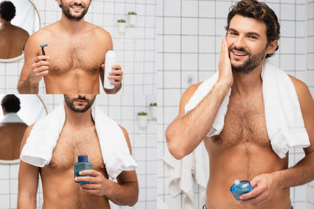 Collage of smiling shirtless man with towel applying after shaving lotion and holding razor with foam in bathroomの写真素材