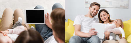 collage of digital tablet with blank screen in hand of man near happy wife holding in arms infant...
